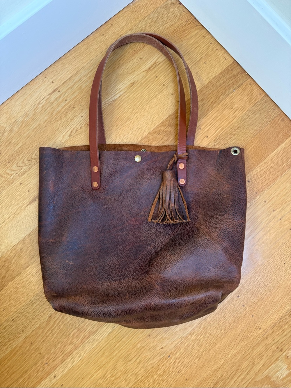 KMM & Co.'s Leather Cognac Brown Tote Bag with Tassel